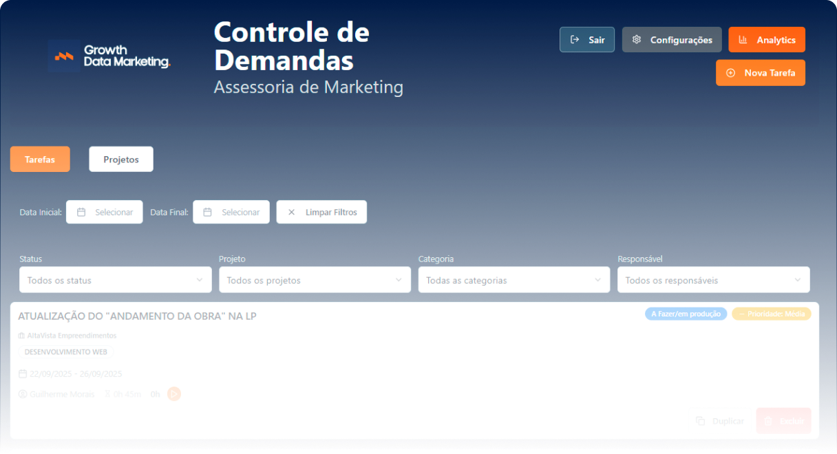 interface do sistema de gestão da Growth Data Marketing